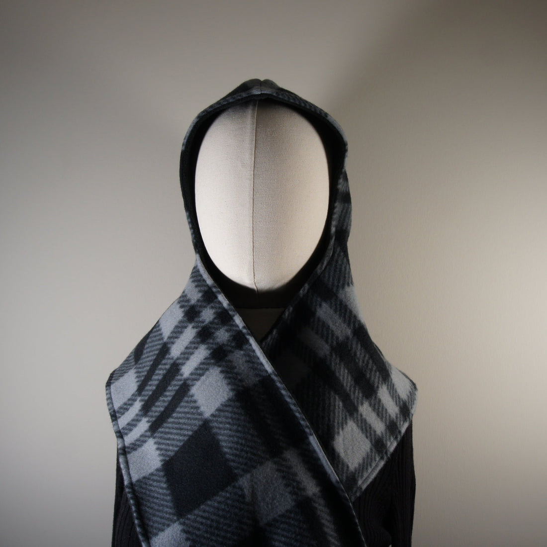 Accessories-Scarves-Hooded-Wrap-Scarf-Solid-Black-and-Gray-and-Black-Plaid -2