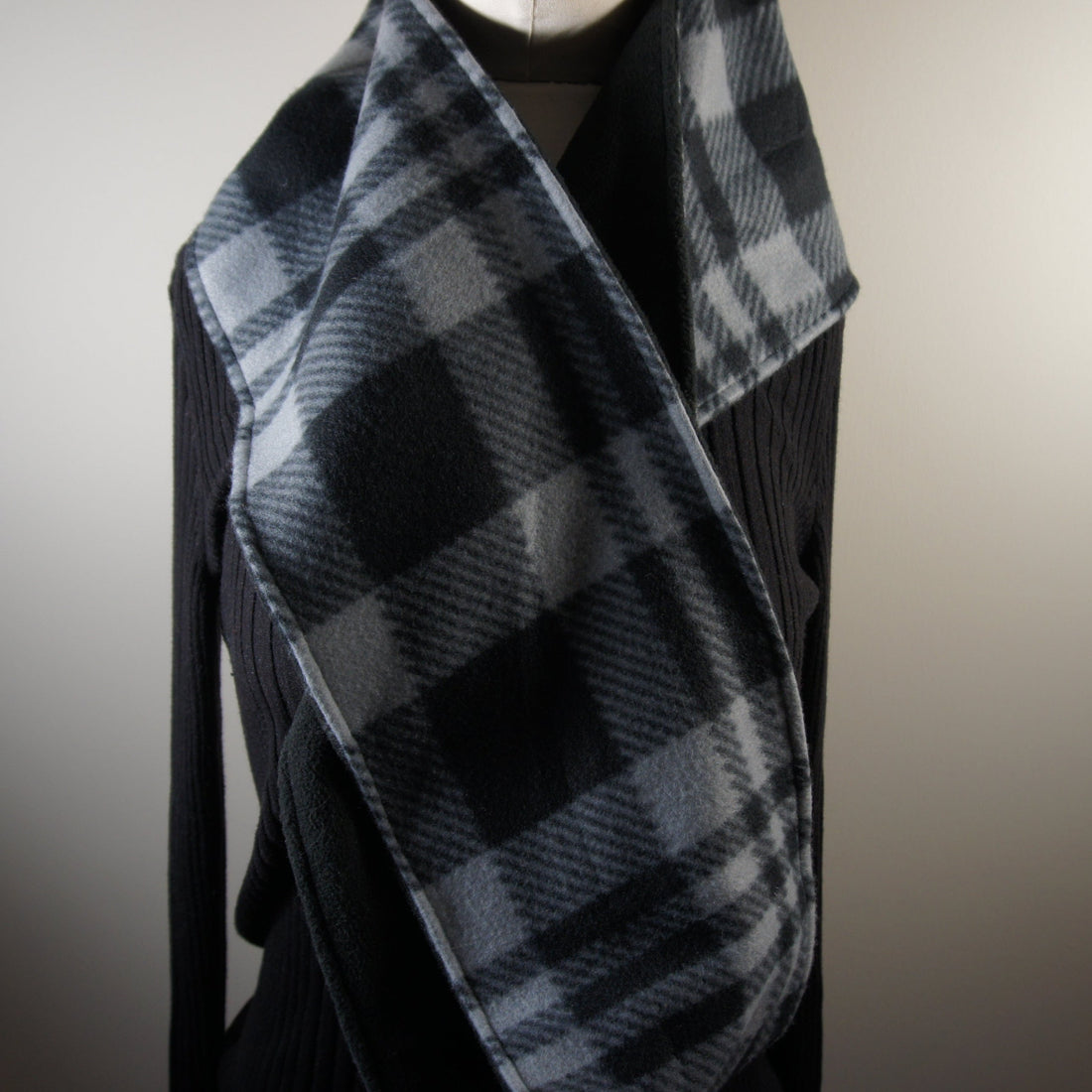 Accessories-Scarves-Hooded-Wrap-Scarf-Solid-Black-and-Gray-and-Black-Plaid 