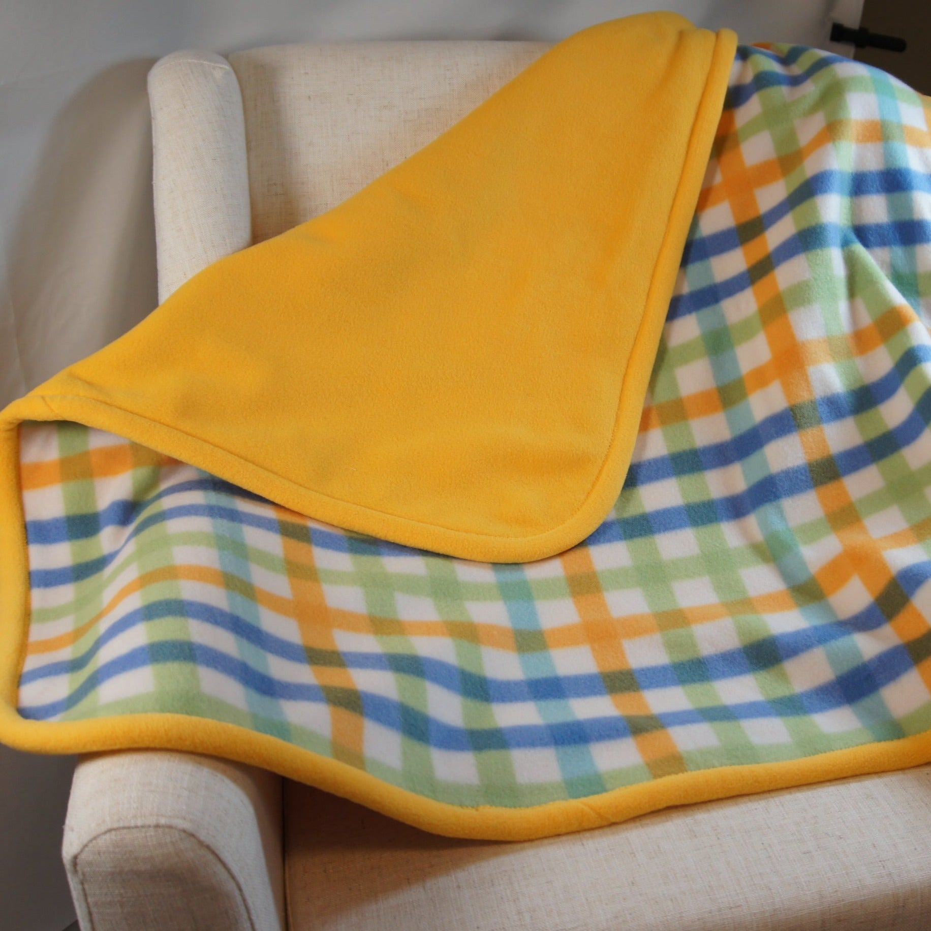 Baby Blanket Blue Green and Yellow Checked Fleece Centric